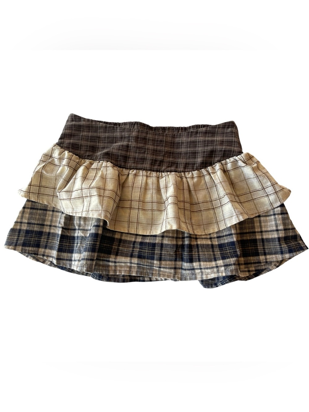 Emerson Lang Plaid Patchwork Mini Skirt Smocked Waist Y2K Cottagecore S M